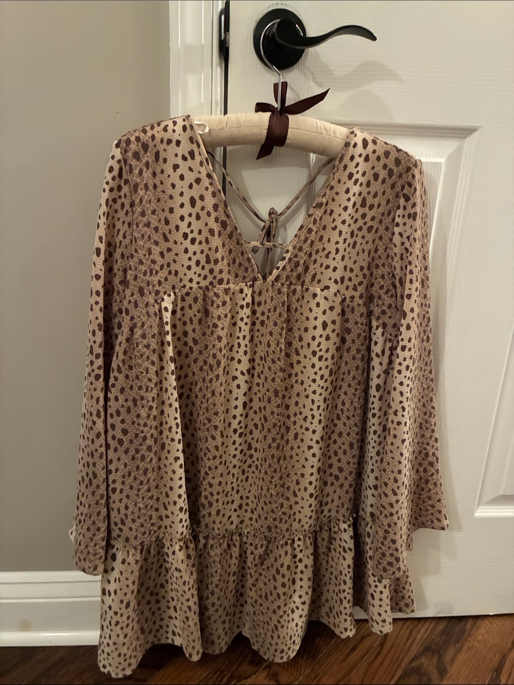 Altar'd State Beige and Brown Leopard Print Long Sleeve V-Neck Dress